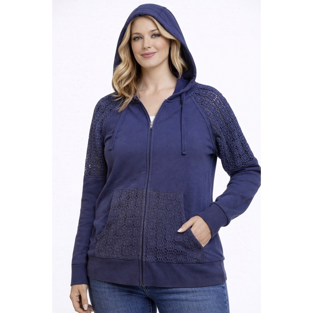 Ariat‎ Womens Navy Blue Crochet Sleeve Zip Up Hoodie Sweatshirt M